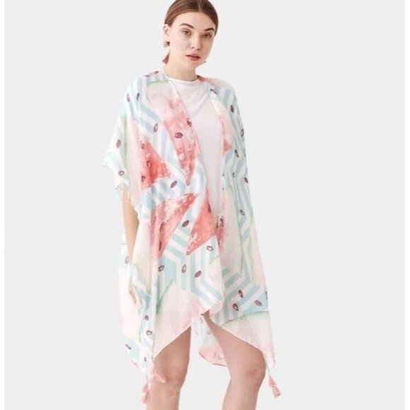 Watermelon print‎ tassel cardigan poncho Scarf Print Cover-Up Tassels - Picture 1 of 16